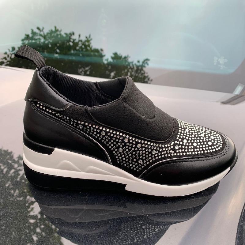 Plus Size Women's Shoes Thick-Soled Sequined Solid-Color Slip-On Breathable Flats Lightweight Wedge Sneakers Women's Single Shoes