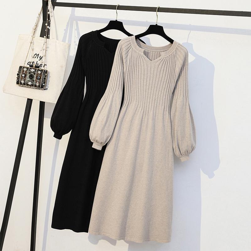 Women's Spring and Autumn Plus Size Solid Colour Mid Length Knitted Sweater Bottom Shirt Long Sleeve Dresses