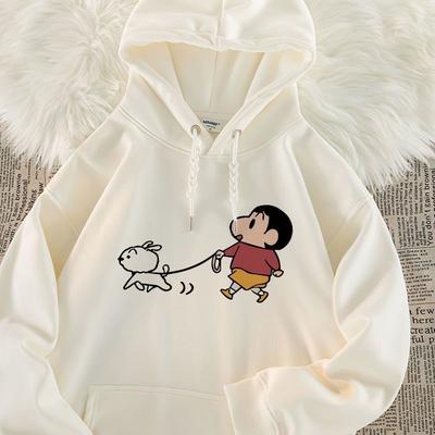 Taiwan Autumn New Hooded Cartoon Sweater Women's Japanese Style Crayon Small New Printing Loose Velvet