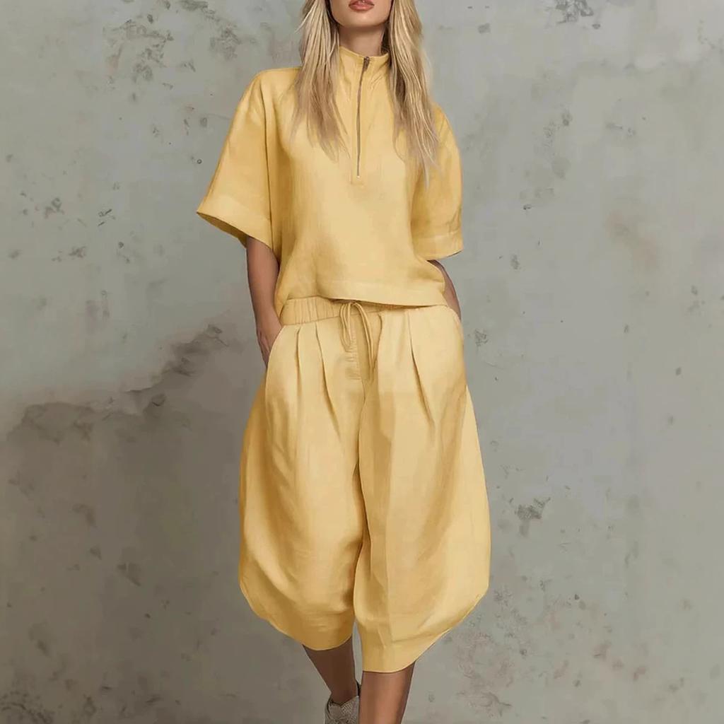 European and American Cross-border Women's Clothing Summer Casual Suit Semi-zipper Shirt Short-sleeved Top Drawstring Wide-leg Cropped Pants Two-piece