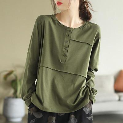 Damenmode Vintage Feste Knöpfe Langarm Basic T-Shirts Frühling Herbst Einfache Casual O Hals Lose Pullover Tops
