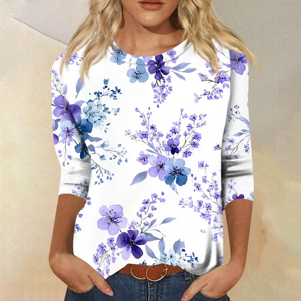 Women’s Crew Neck 3/4 Sleeve Casual Top with Floral Print Lightweight Pullover Loose Fit Blouse for Everyday Wear