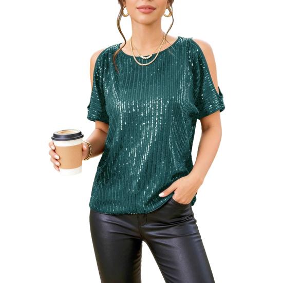 Damen Oberteile Rundhals Schulterfrei Kurzarm Pullover Tops Glänzende Pailletten Sexy Party T-Shirt Urlaubs-Date-Kleidung