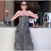 High Street Denim Jumpsuit Women Patchwork Strapless Single Breasted Pockets Wide Leg Jumpsuits 2025 Spring Summer Lady New Solid Color Jumpsuit
