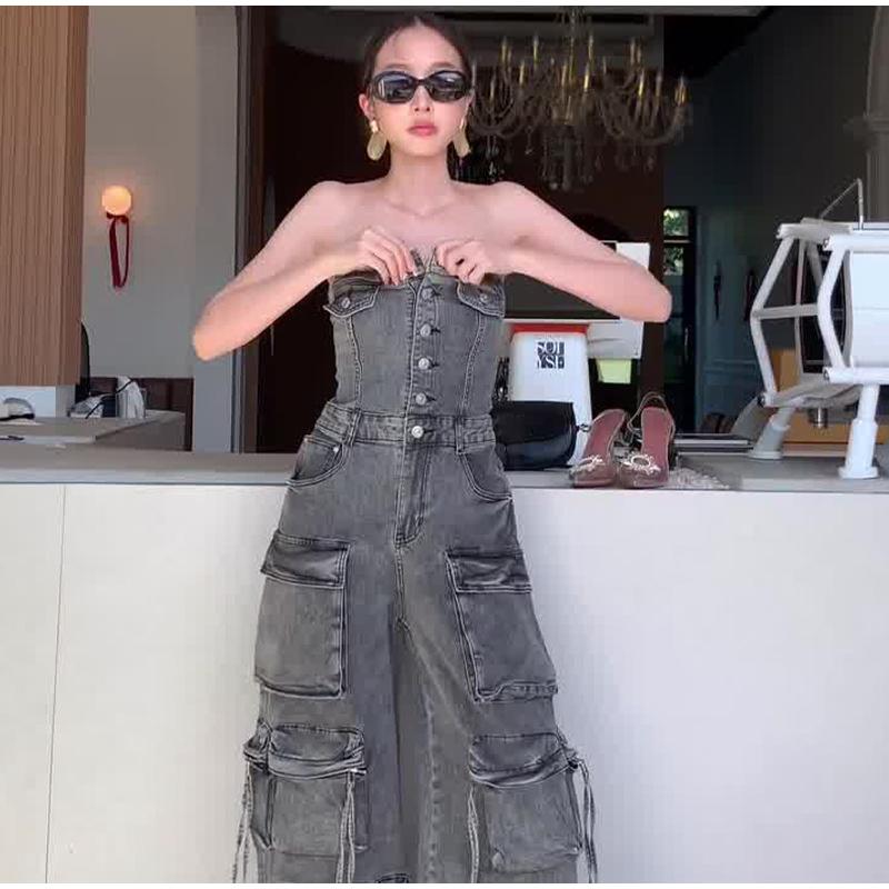 High Street Denim Jumpsuit Women Patchwork Strapless Single Breasted Pockets Wide Leg Jumpsuits 2025 Spring Summer Lady New Solid Color Jumpsuit