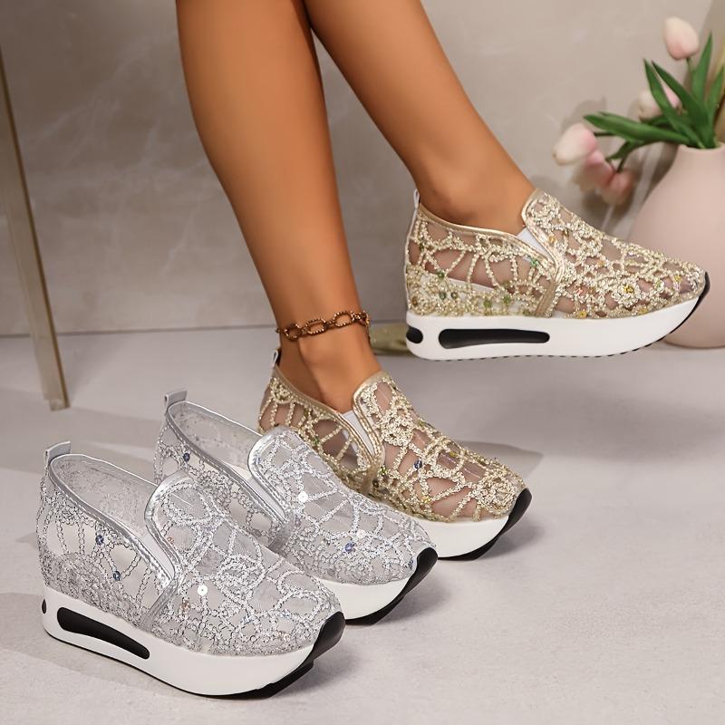 Women's Low-top Sneakers With Shiny Mesh, Breathable Fabric, EVA Sole, All-season Casual Sports Shoes