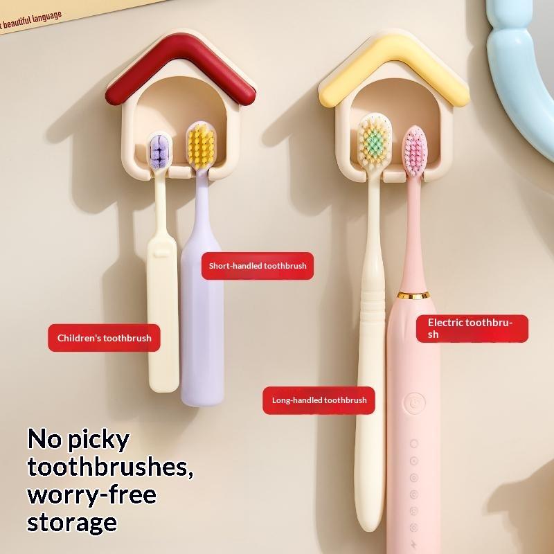 House Shape Toothbrush Holder Punch Free Wall Mounted Toothbrush Storage Rack Draining Bathroom Organizer For Bathroom Decor