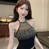 French Pure Desire Style Sleeveless Backless Tank Top With Embroidered 3d Design For Adult Women