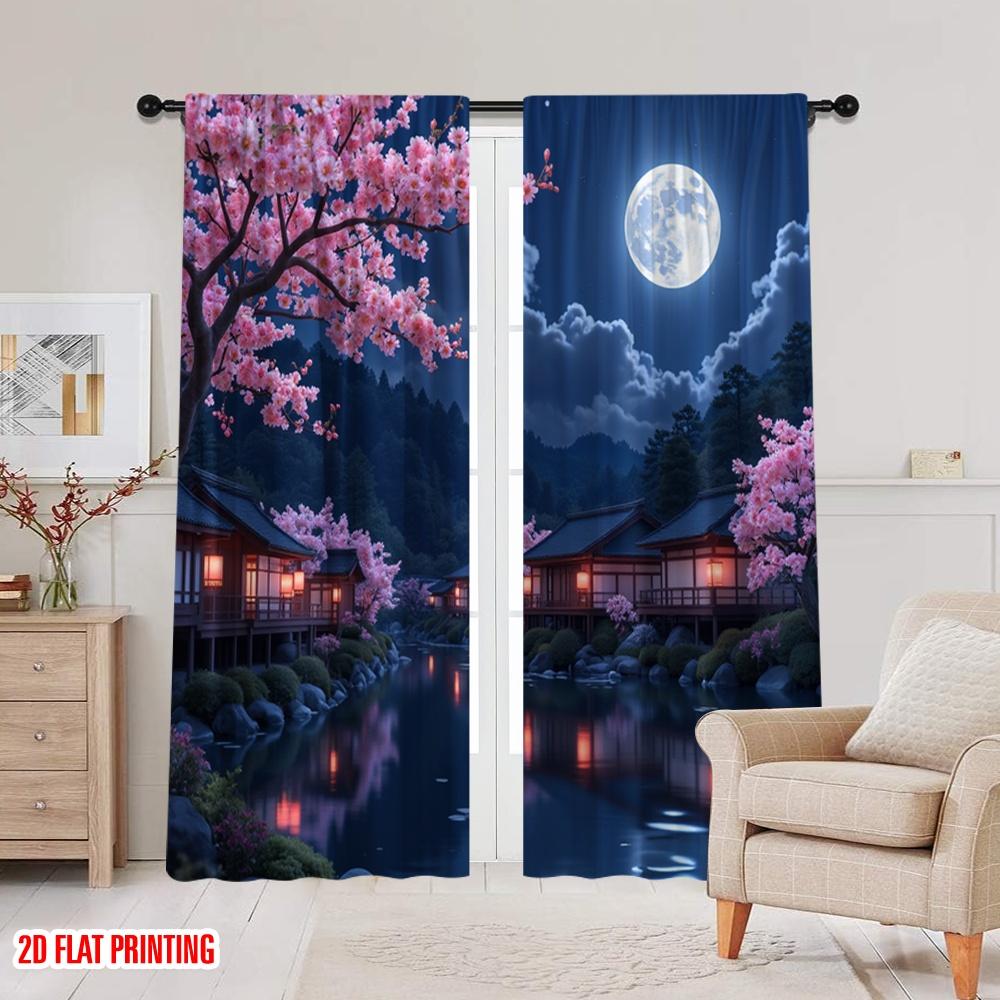 2D Flat Printing 2pcs Romantic Summer Window Curtains Cherry Blossom Moonlit Night Polyester Without Electricity Festive Holiday