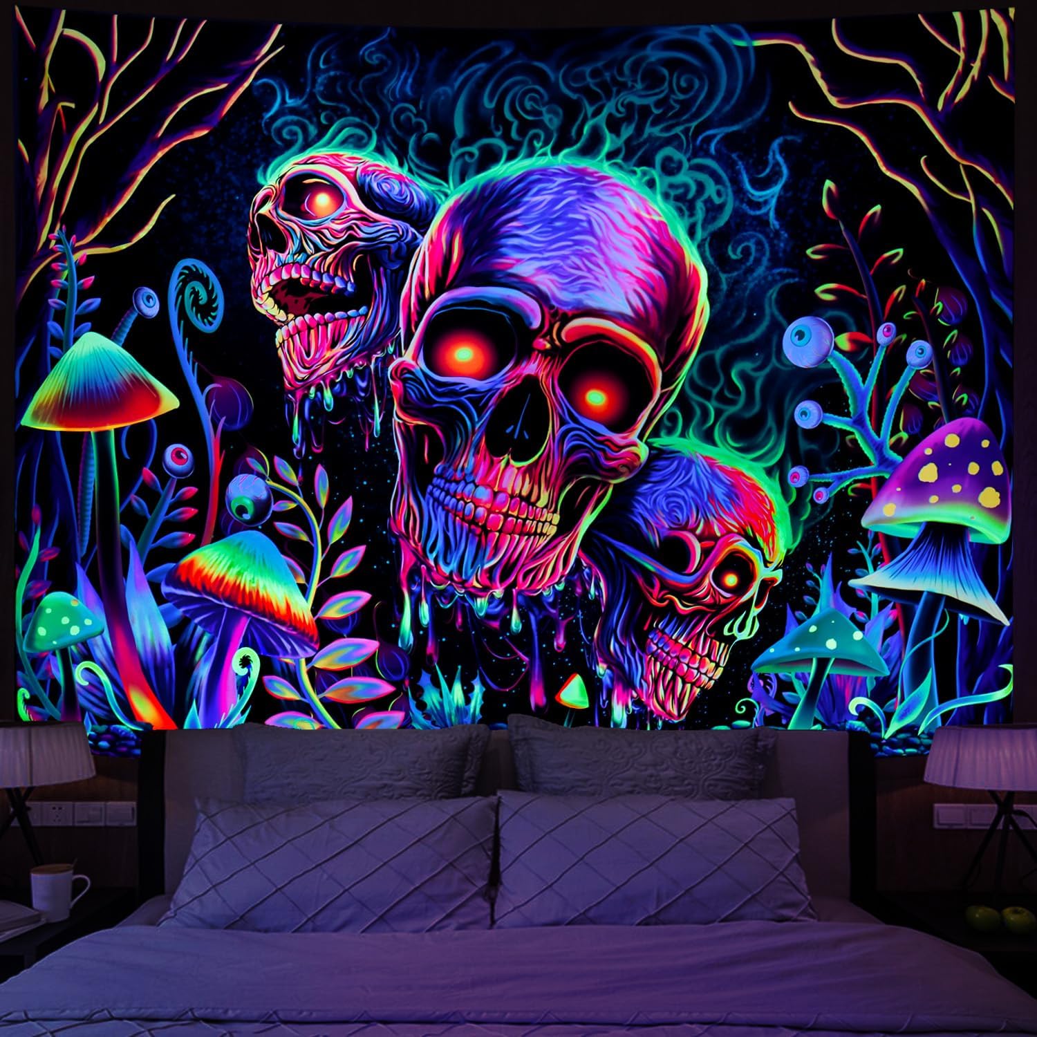 Amonercvita Blacklight Skull Tapestry Trippy Skeleton Wall Tapestries UV Reactive Neon Plants Trees Tapestries Aesthetic Galaxy Space Tapestry Wall 51.2 L x 59.1 W