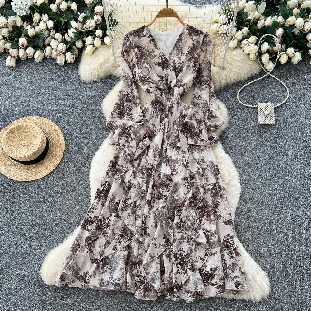 Französisches Retro V-Ausschnitt Langarm Blumen Chiffon Kleid Damen Herbst Taille Temperament Lotusblatt-Rand Langer Rock