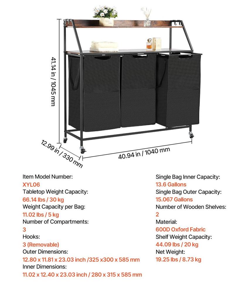 2 Tiers Laundry Sorter Tall Laundry Hamper with Wheels and Hooks 3 Section