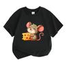Kids Boys Girls 100% Cotton Crew Neck Short Sleeve T-Shirt, Cute Happy Mouse Holding Cheese Cartoon Print Casual Soft Breathable Summer Tee for Little