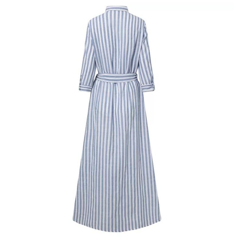 Robe Maxi Chemise rayée pour femme avec ceinture Col à revers Manches longues Boutonnée sur le devant Fente Robe longue Décontractée Ample Robes de Vacances