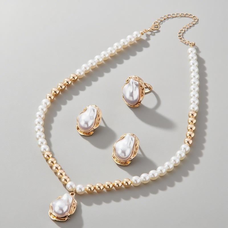 

Piece Set Vintage Metal Irregular Imitation Pearl Beaded Women s Necklace Earrings Ring Jewelry Set білий