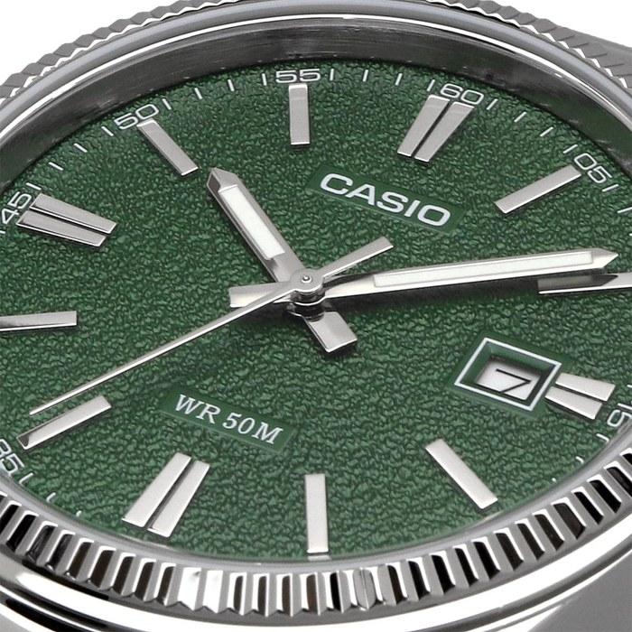 Casio MTP-1302DA-3AV Men's Analog Quartz Watch, Silver Metal Band, Green Textured Dial
