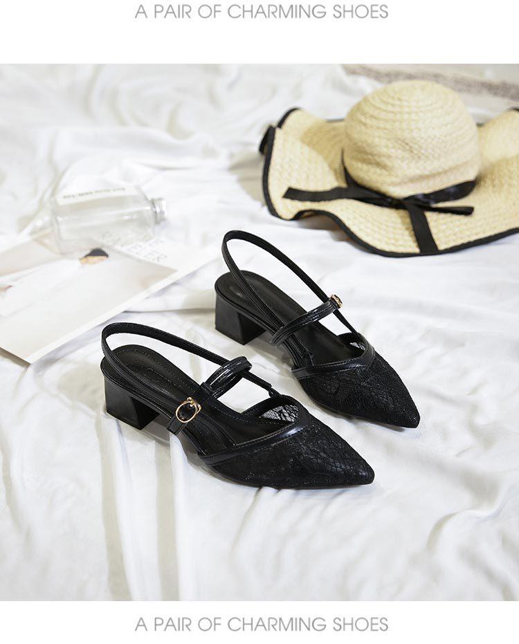 

Модные босоножки больших размеров 42/43 с кружевом и вышитыми цветами, женские туфли на высоком толстом каблуке, женские сандалии с острым носком из дышащей сетки 6 чёрный