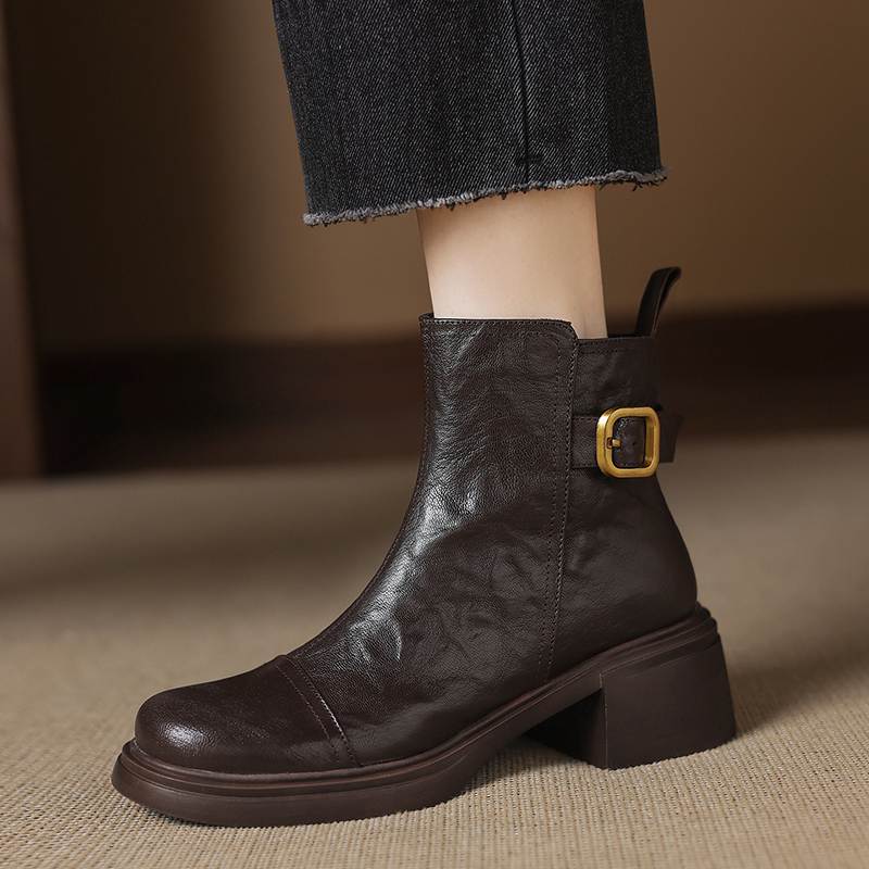 Krazing Pot Sheepskin Round Toe Thick Heels Chelsea Boots Size 42 High Quality Women Keep Warm Metal Buckle Ankle Boots