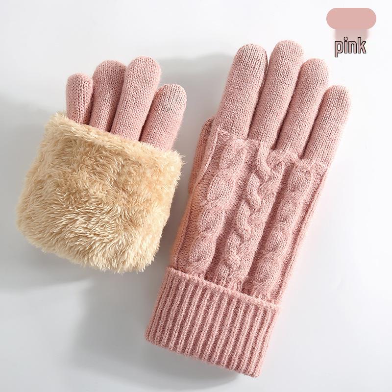 Women's Winter Knitted Touchscreen Gloves - Double-Layer Fleece-Lined, Thick Warm for Outdoor Cycling