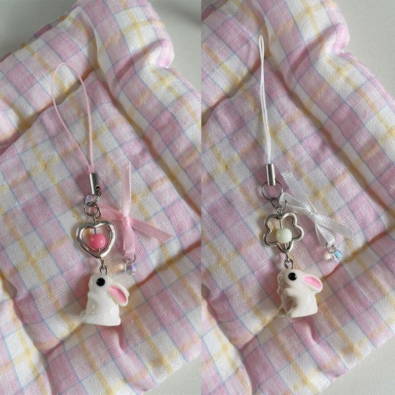 Korean 3D Rabbit Flower Phone Chain Lanyard Y2k Girl Bowknot Keychain Sweet Bag Pendant Decoration Backpack Ornament