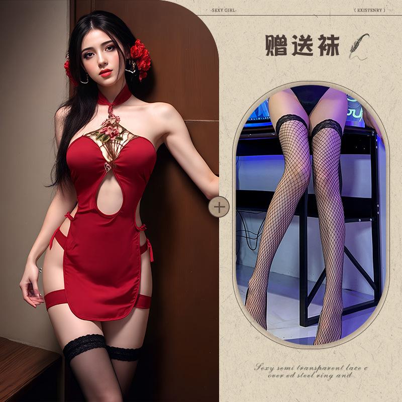 Sex Underwear Hollow Embroidery Uniform Sexy Retro Sexual Intercourse Cheongsam Republic of China Style Split Cheongsam