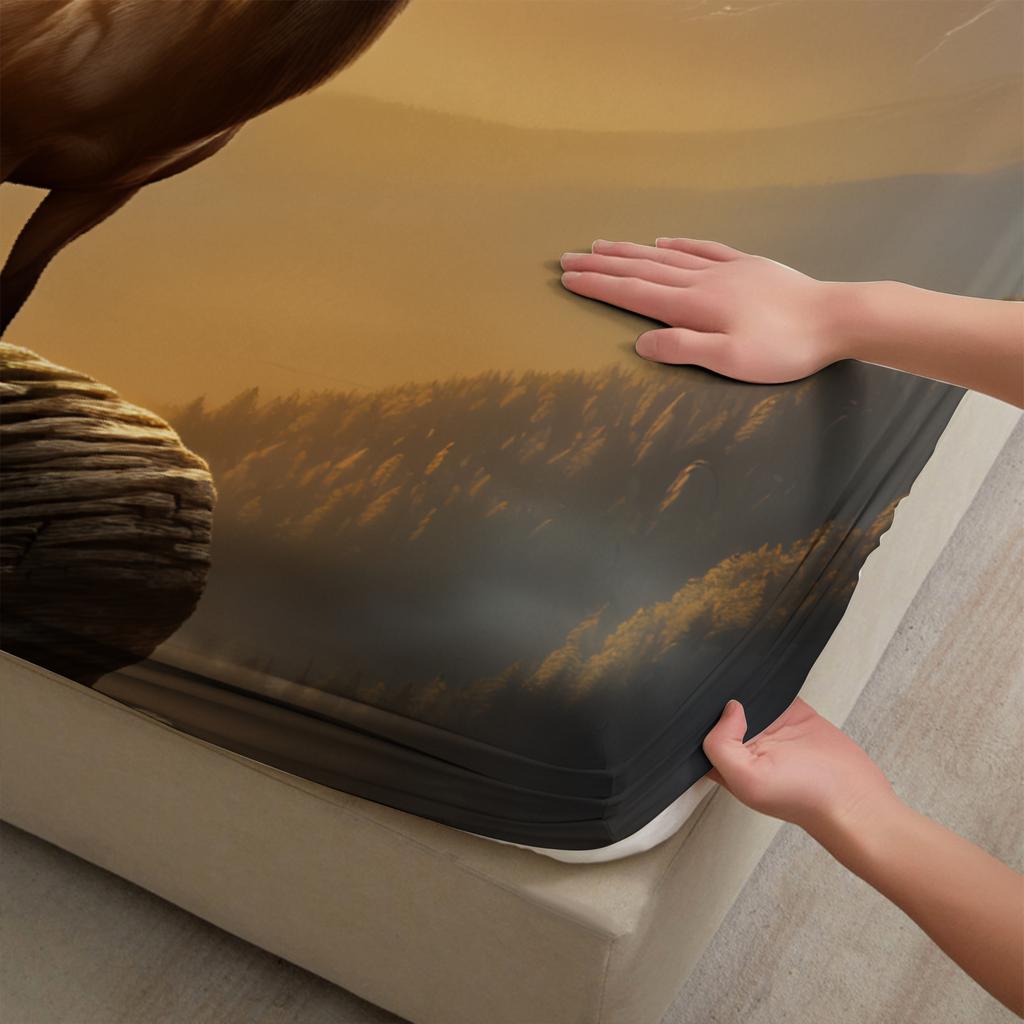 3pcs Fitted Sheet Set Deer Sunset 3D Printed Wildlife Nature Breathable Bed Sheet With Pillowcases For Bedroom Decor