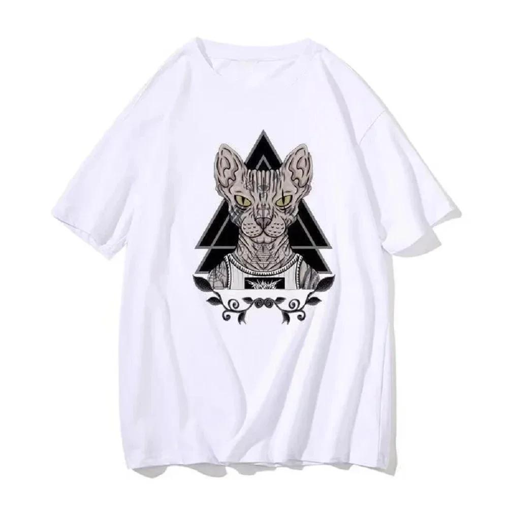 Steampunk Hipster Unisex Trend Shirt Short-sleev Tee Death Metal Sphynx Cat  Witchy Tops Fashion Gothic Tshirt