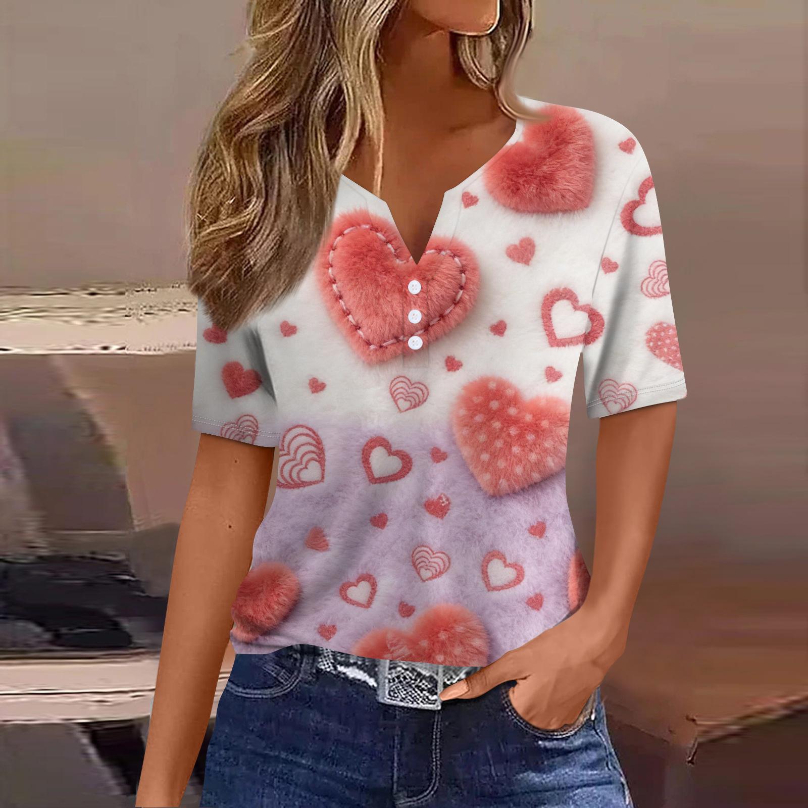 

Women s Fashion Casual V,Neck Short,Sleeve T,Shirt With Decorative Buttons And Valentine s Day Print Top XXL