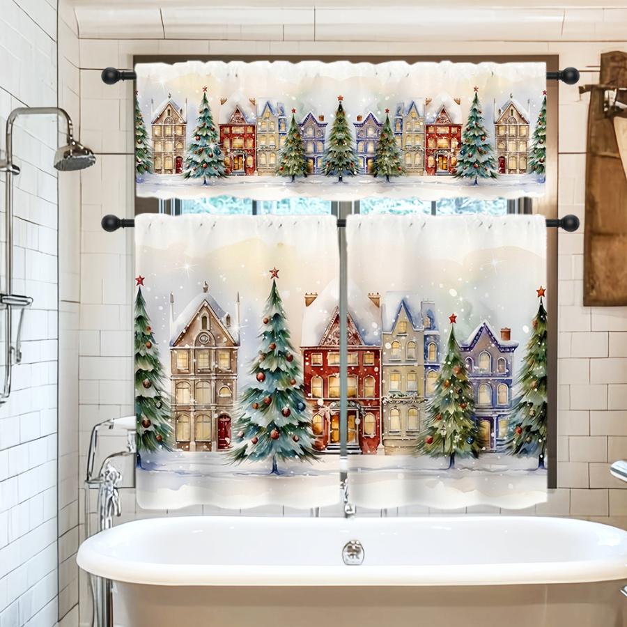 Christmas Town Watercolor Street Kitchen Curtain, Winter Holiday Decor Rod Pocket Tier Curtains for Kitchen Window