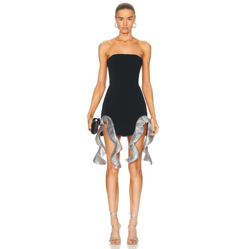 

Fashion Bandage One-Piece Dress Dress Tube Top Stretch Slim-Fit Sequined Ribbon Skirt Banquet Party Niche Design Black XS