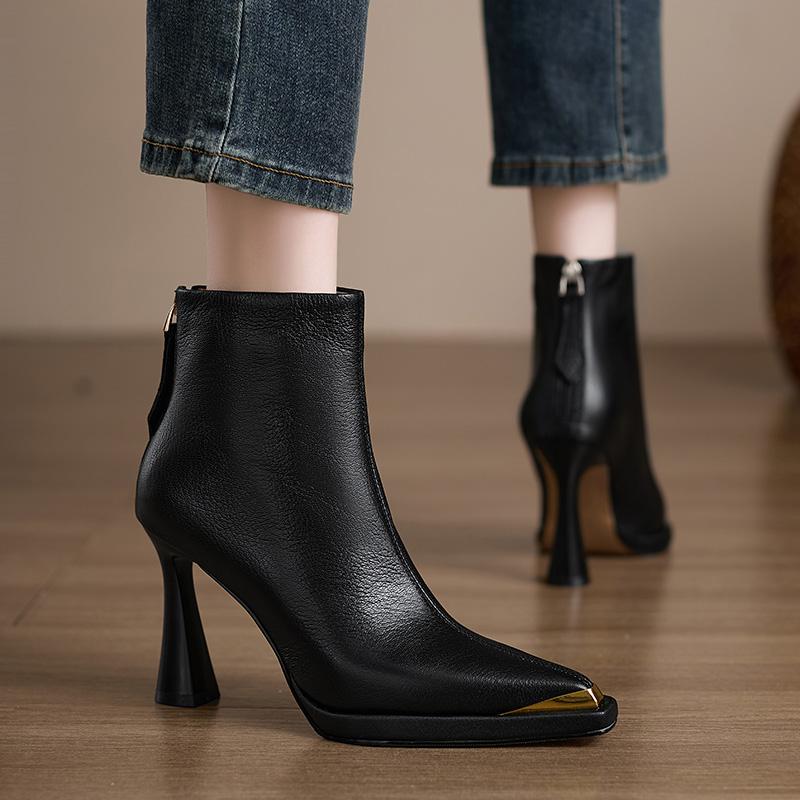 Design Style Metal Toe Women Ankle Boots Autumn Winter Slim Short Booties Fashion Back Zippers Square Heels Shoes