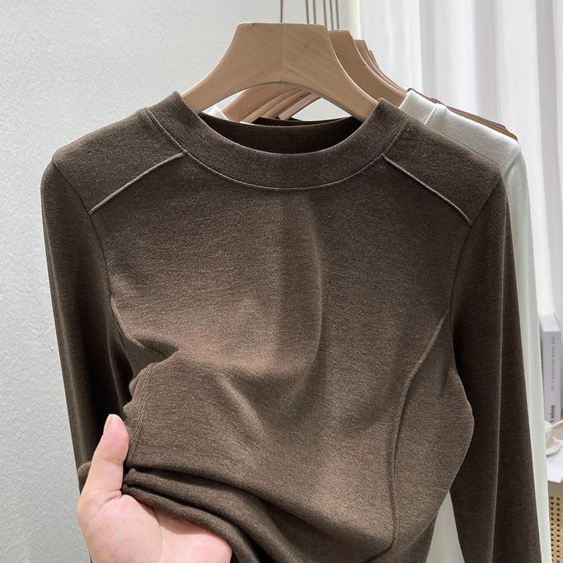 

Осенняя новая женская базовая футболка с длинными рукавами, облегающая и тонкая, в рубчик, для ношения под низ, топ с круглым вырезом. M кофейный