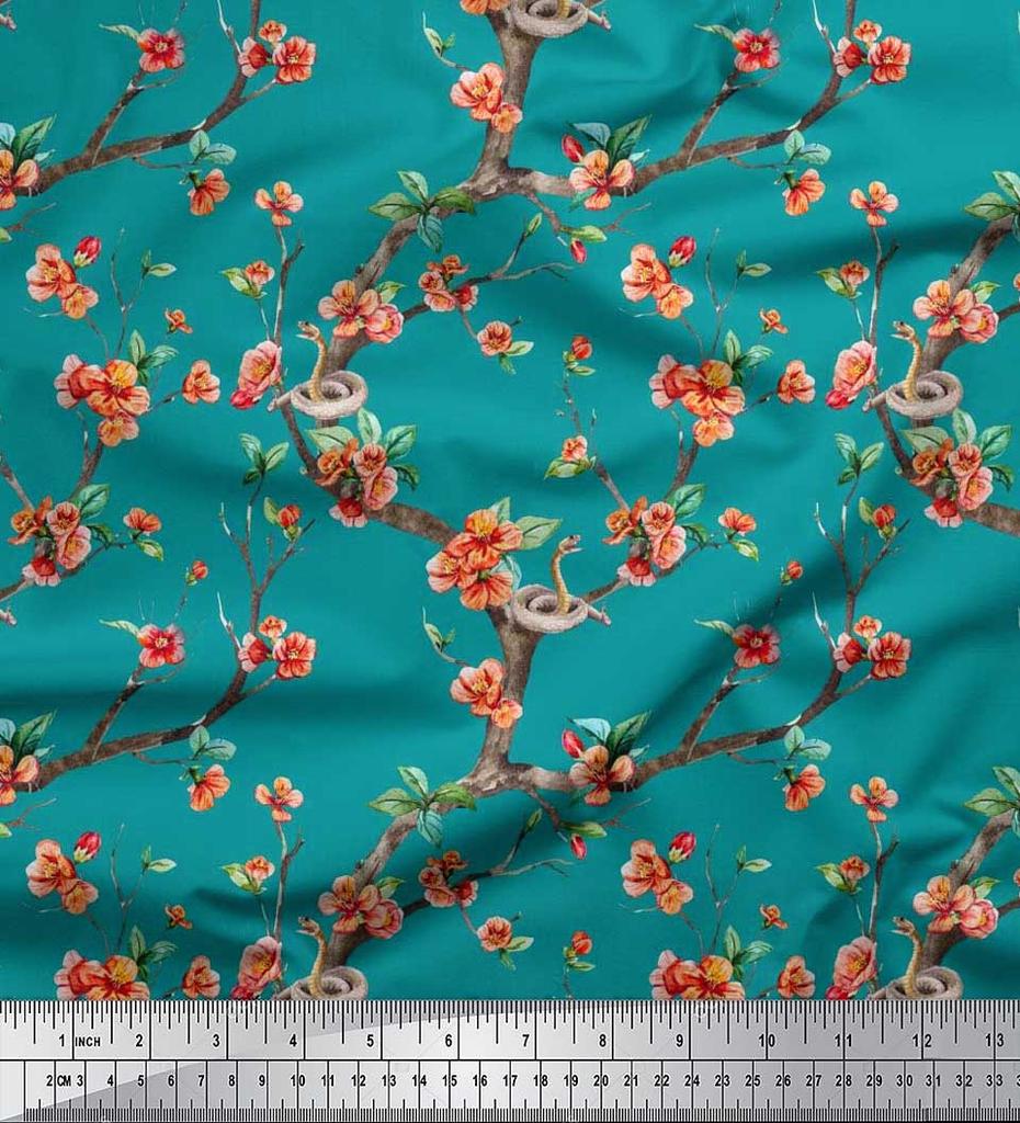 Soimoi Japonská krepová saténová látka Had, listy a květy, květinový potisk v metrech 42 palců