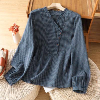 Women's Blue Cotton Plaid Long Sleeve Shirt - Stylish Autumn 2026