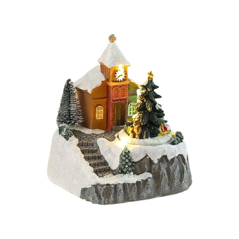 LED Illuminated Christmas Rotating Music Box Snow House Scene Ornament Battery Operated Desktop Decoration for Home