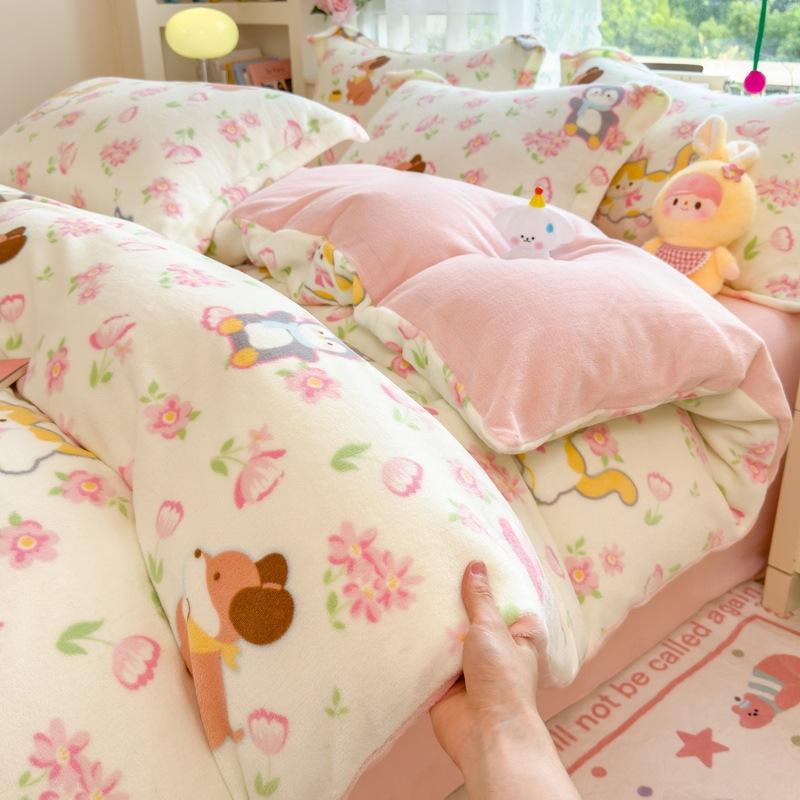Thickened Milk Fleece Four-Piece Set Double-Sided Fleece Quilt Cover Coral Flannel Bed Sheet Quilt Cover Three-Piece Set Of Bed Hat