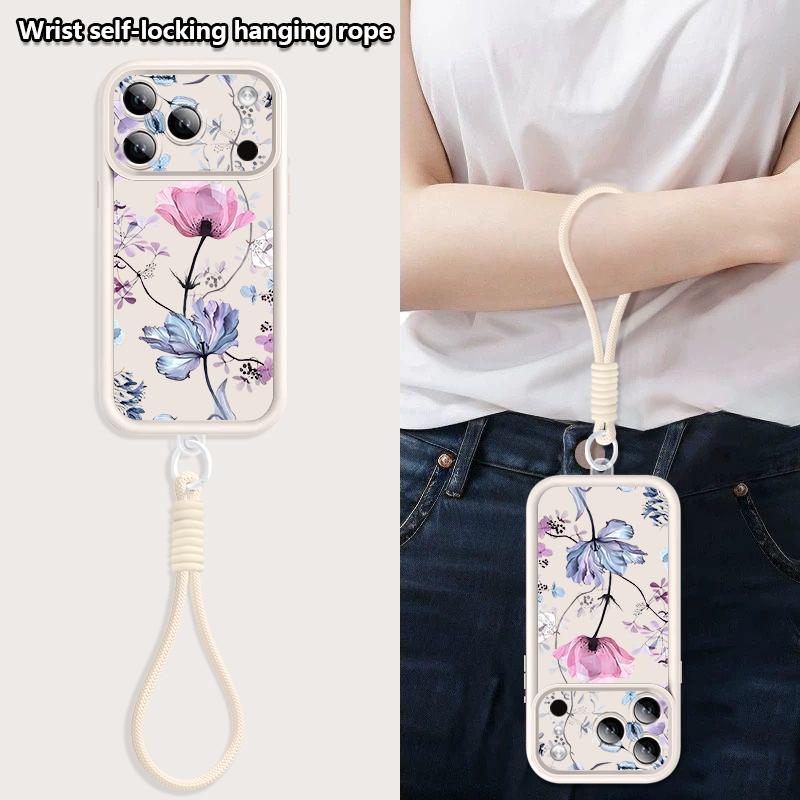 Colorful Flower Pattern Lanyard Phone Case For iPhone 17 ProMax 16 17 14 15 13 Pro Max 11 17e 16e Shockproof Silicone Soft Cover