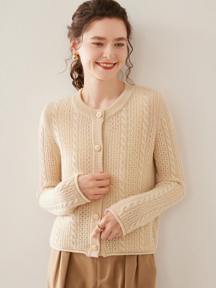 Spring & Autumn Slimming Cable Knit Cashmere Wool Blend Cardigan