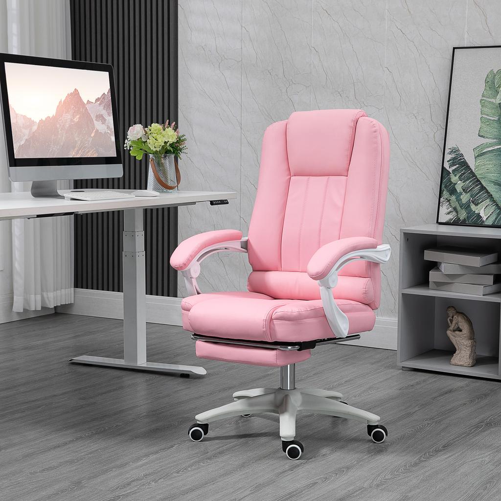 Office Chair with Footrest, Adjustable Backrest, Height-Adjustable, 5 Casters, Pink + White