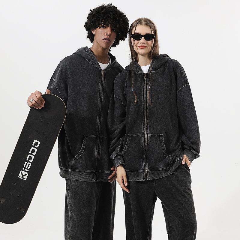 Oversized 350g Cotton Distressed Zip-Up Hoodie - Large, Drop Shoulder, Retro Washed Terry Cardigan