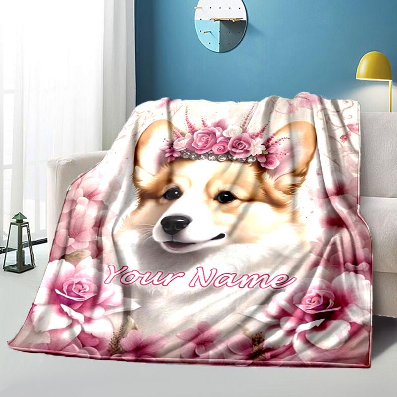1PC Custom Name Floral Corgi flannel blanket versatile, all-season throw suitable for the living room, bedroom, camping, travel, and gift