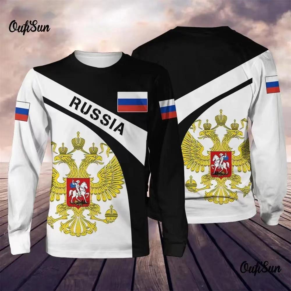 Round Neck 3D Russian Printed Top Casual Long Sleeved Men's T-shirts - Soft Medium Stretch Polyester Fabric Spring and Autumn Relaxed Fit Clothing