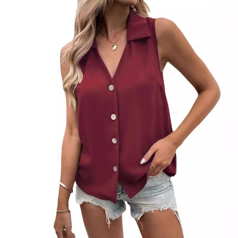 Summer Sleeveless V-neck Vest Shirt Women Casual Loose Blouse Large Office Chiffon Shirts Elegant Button-up Tops Solid Color Simple Fashion Clothing