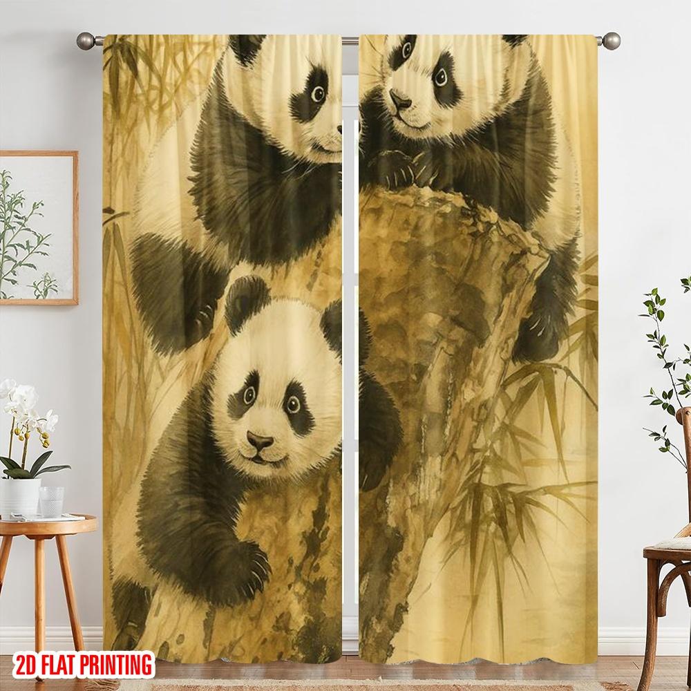2pcs,2D Plane Printing Curtain Popular Panda Trio Playtime Polyester Woven (without Rod) Festive Perfect for Living Room,