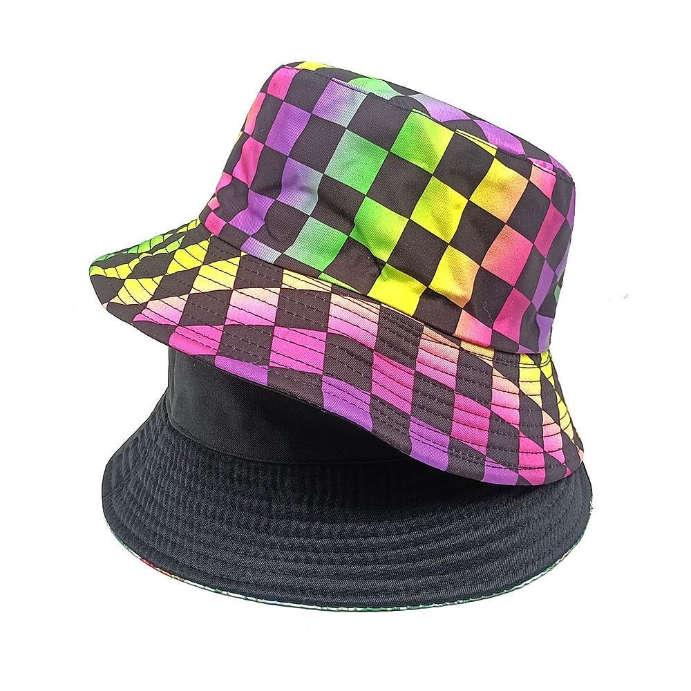 Spring/Summer Color Checkerboard Print Bucket Hat Cute Breathable Fisherman Cap Unisex Reversible Sunshade Fishing Hat