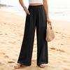 Summer Women Cotton Linen Wide Leg Palazzo Pants Casual Loose High Waist Drawstring Trousers With Pockets
