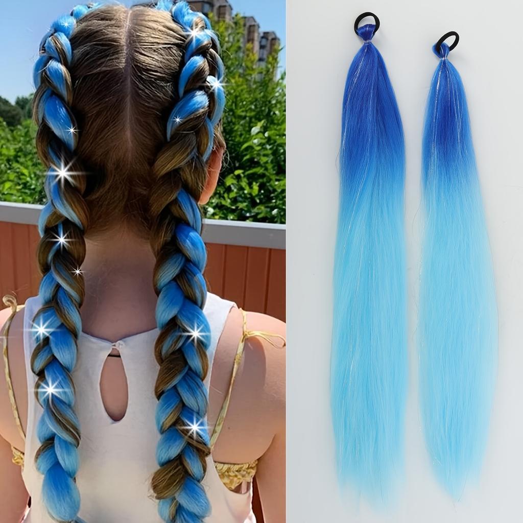 Synthetische Regenbogen Lametta Zöpfe Haarverlängerungen 26 Zoll Doppelte Pferdeschwänze Mädchen DIY Rave Party Ausgefallene Haaraccessoires