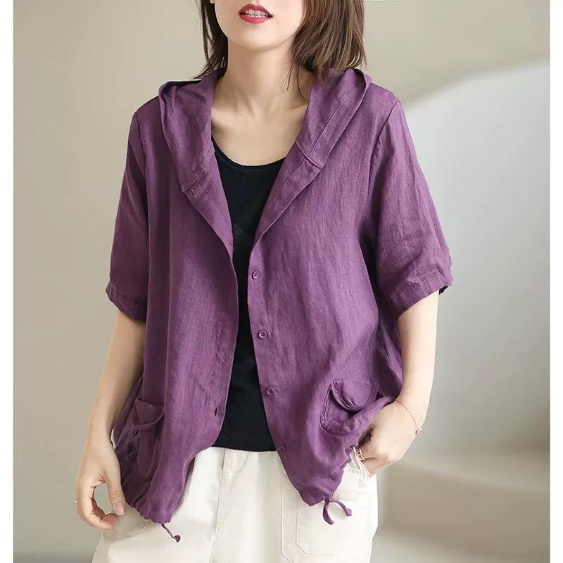 Cardigan oversize estivo alla moda da donna, con cappuccio, in cotone e lino, viola caffè, casual, ampio, taglie forti, vintage, da donna, sottile.