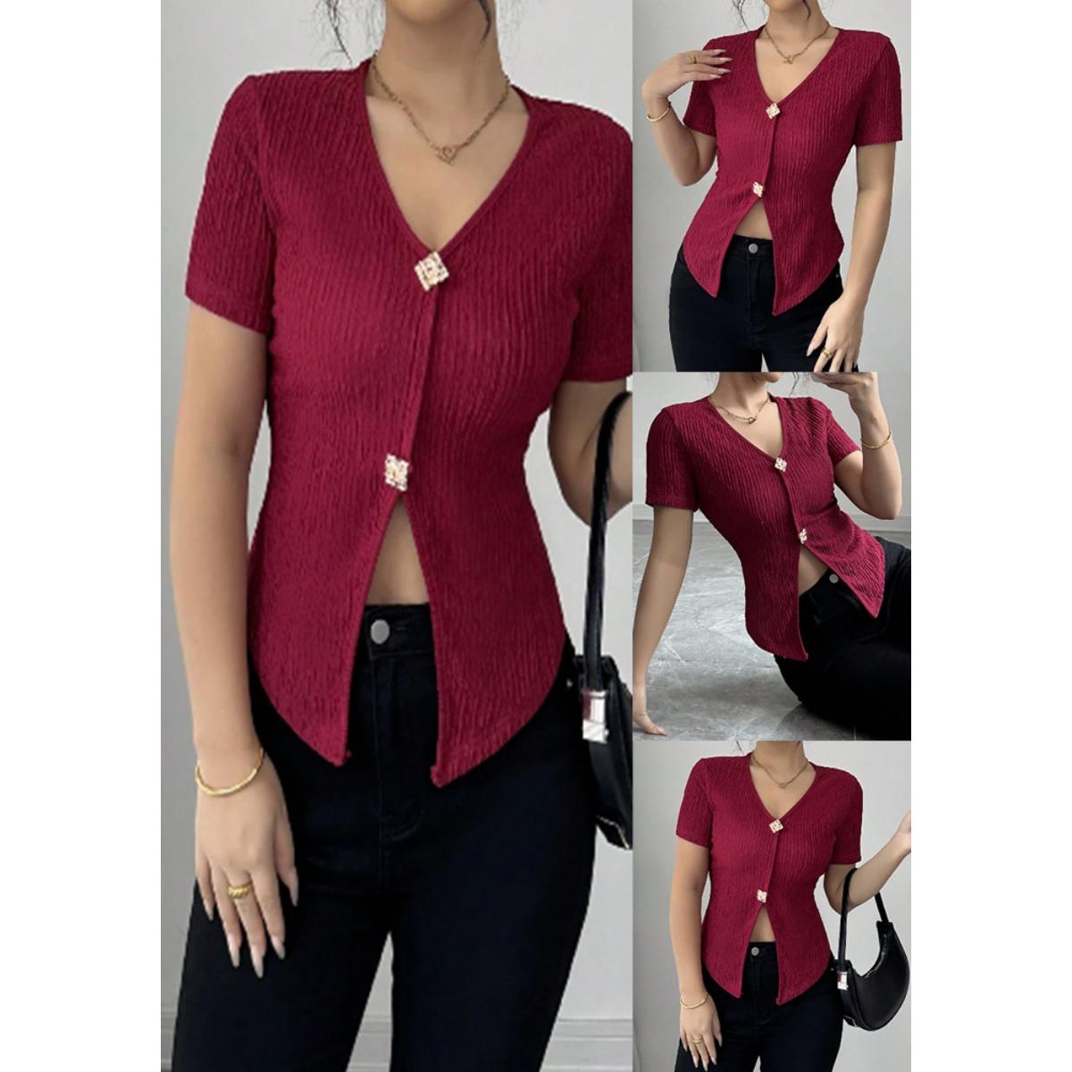 

Spring Summer Women s Solid Color Elegant Fashion Short Sleeve T-Shirt with Metal Button Decoration, Casual Top for Women European American Size S бордовый