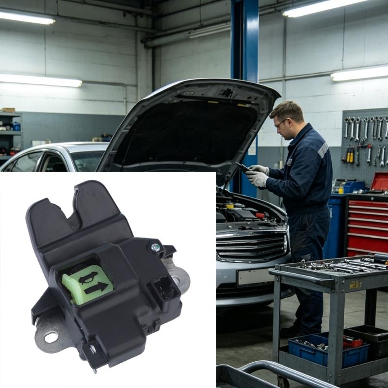 Trunk Lock Replacement Actuator 81230A7020 for Rear Position Repair, Plastic Housing Layout, Metal Mount Sections, and Part Matching Checks